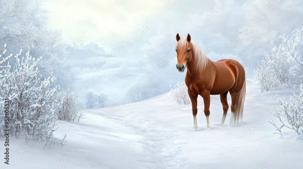 A horse standing in a snowy field with trees and bushes, AI A horse standing in a snowy field with trees and bushes, AI