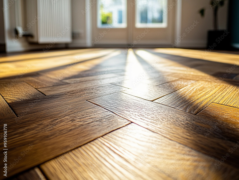 herringbone pattern on a wooden floor, rich brown tones, natural light streaming through a large window herringbone pattern on a wooden floor, rich brown tones, natural light streaming through a large window