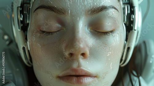Close-up of a robot woman with closed eyes, Beautiful woman's face with gel
