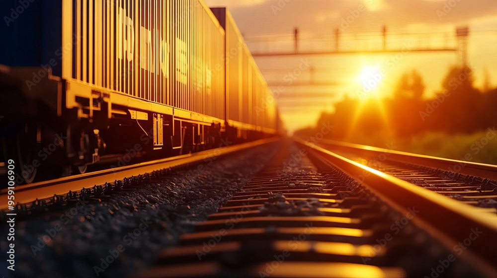 Obraz premium A stunning sunset view along the railway, featuring freight containers and tracks glistening in warm golden light.