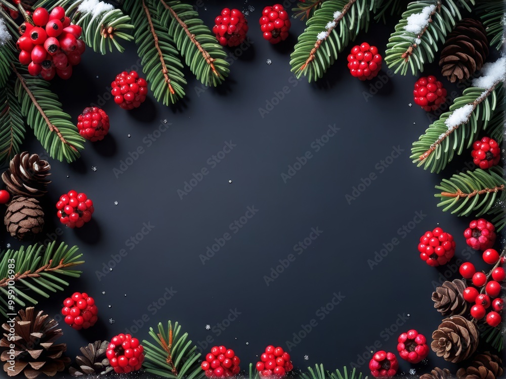 Festive winter frame with evergreen branches, red berries, pine cones, and snow on a dark background.