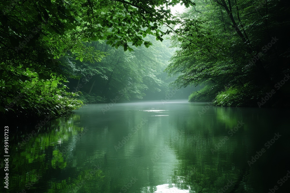 A serene river flows through a lush green forest, with sunlight filtering through the dense canopy creating a mystical atmosphere. The stillness of the water and the surrounding foliage create a sense A serene river flows through a lush green forest, with sunlight filtering through the dense canopy creating a mystical atmosphere. The stillness of the water and the surrounding foliage create a sense