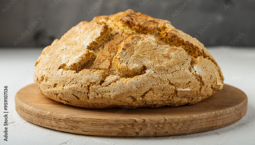 Irish soda bread, crusty loaf on wooden board. Tasty food. Delicious pastry. Fresh baked. Close-up. Irish soda bread, crusty loaf on wooden board. Tasty food. Delicious pastry. Fresh baked. Close-up.