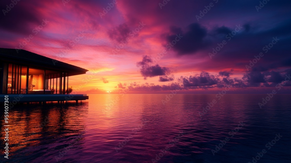 A serene water villa perched on stilts over a tranquil ocean, bathed in the warm glow of a vibrant sunset. The silhouette of the villa against the fiery sky evokes a sense of peace and luxury, invitin A serene water villa perched on stilts over a tranquil ocean, bathed in the warm glow of a vibrant sunset. The silhouette of the villa against the fiery sky evokes a sense of peace and luxury, invitin