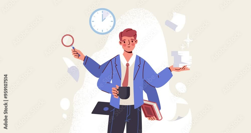 Multitasking and burnout at work. Moving banner with tired sad male entrepreneur with several hands holding business documents, laptop and folders. Overworked office employee. Flat animated graphics