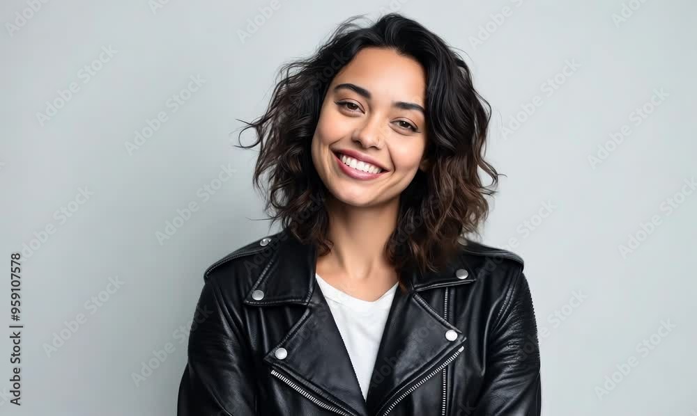 Portrait of a smiling young woman in leather jacket isolated on a white background Portrait of a smiling young woman in leather jacket isolated on a white background