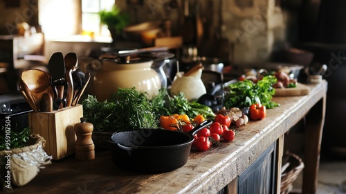 Wallpaper Mural Rustic Kitchen Table with Fresh Ingredients Torontodigital.ca