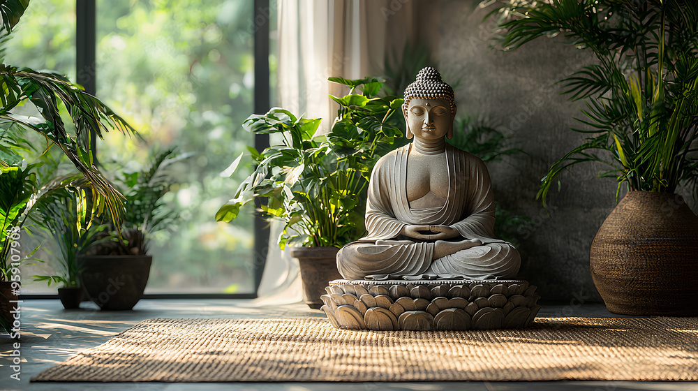 Buddha Statue in Meditation with Plants and Natural Light Buddha Statue in Meditation with Plants and Natural Light
