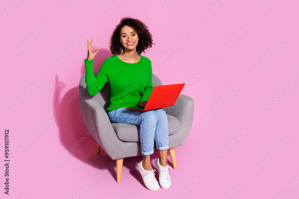 Full body photo of attractive young woman sit armchair netbook show okey dressed stylish green clothes isolated on pink color background Full body photo of attractive young woman sit armchair netbook show okey dressed stylish green clothes isolated on pink color background