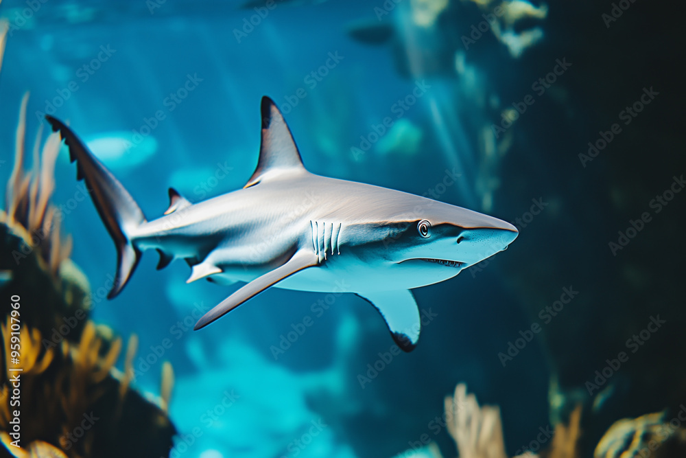 Obraz premium Ocean shark bottom view from below. Open toothy dangerous mouth with many teeth. Underwater blue sea waves clear water shark swims forward