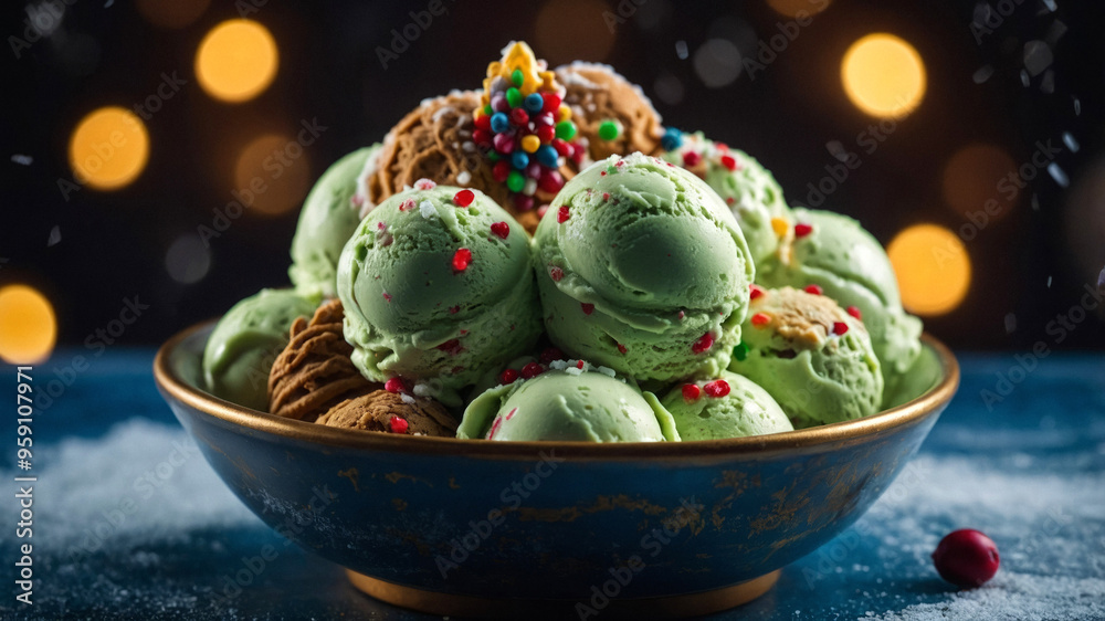 A festive dessert featuring a scoops of mint ice cream topped with red berries, served in a waffle bowl and surrounded by holiday decorations, perfect for Christmas celebrations. A festive dessert featuring a scoops of mint ice cream topped with red berries, served in a waffle bowl and surrounded by holiday decorations, perfect for Christmas celebrations.