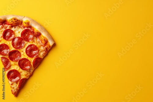 A single slice of pepperoni pizza with melted cheese and tomato sauce sits on a bright yellow background. The image symbolizes deliciousness, indulgence, Italian cuisine, comfort food, and a simple me