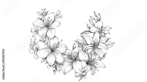 Delicate floral wreath, line illustration isolated on solid white background. 32k, full ultra HD, high resolution