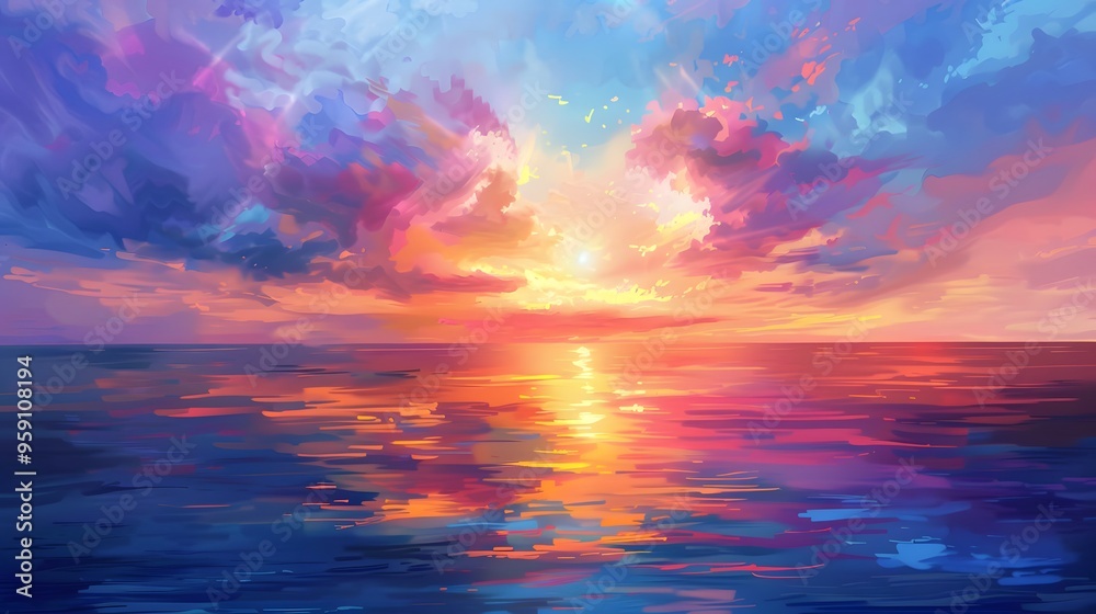 Obraz premium Sunset Over the Ocean: A breathtaking sunset over the ocean, with the sky painted in vibrant colors reflecting on the water. 