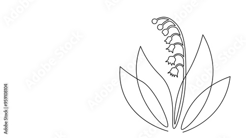 Single continuous line art lily of the valley flower. Plant leaves holiday decoration wedding flower eco natural concept design one sketch outline drawing vector illustration