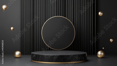 A sleek and modern product display featuring a black marble podium with gold accents. The backdrop is a black striped wall, adding a touch of sophistication. The gold spheres floating around the podiu photo