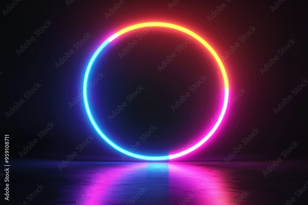 Obraz premium Neon Sign Reflection. Bright Circular Spectrum Glowing Shape on Black Background