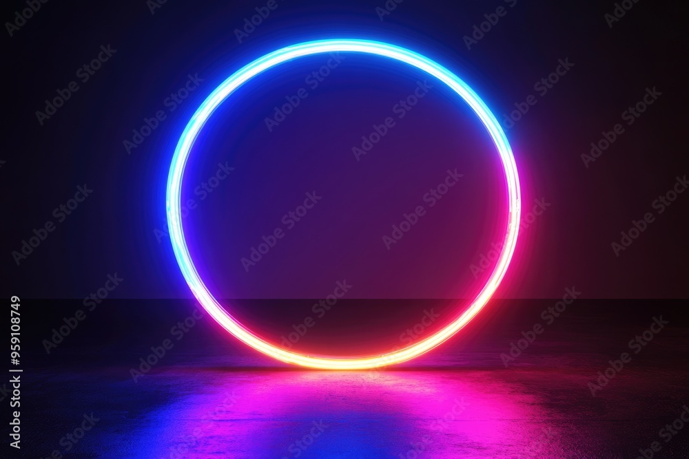 Neon Sign Reflection. Circular Glowing Spectrum Ring on Black Background Neon Sign Reflection. Circular Glowing Spectrum Ring on Black Background