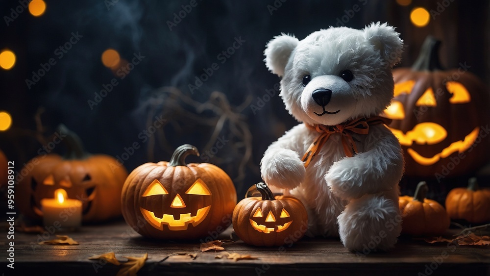 A cheerful teddy bear sits beside a carved pumpkin on a cozy Halloween night, surrounded by small pumpkins and glowing lights A cheerful teddy bear sits beside a carved pumpkin on a cozy Halloween night, surrounded by small pumpkins and glowing lights