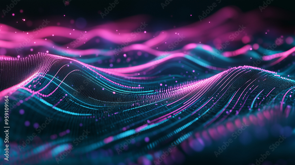 Flowing abstract wave of pink and blue digital particles, symbolizing data transmission and futuristic technology Flowing abstract wave of pink and blue digital particles, symbolizing data transmission and futuristic technology