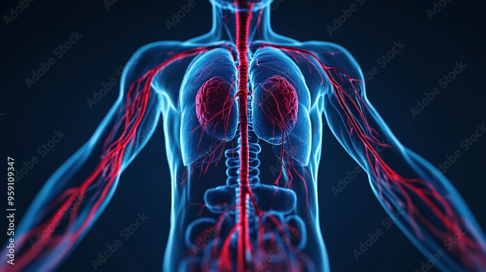 Detailed 3D Rendering of Human Circulatory System with Emphasis on Veins and Arteries, Ideal for Medical Science Concepts, Copy Space Available Detailed 3D Rendering of Human Circulatory System with Emphasis on Veins and Arteries, Ideal for Medical Science Concepts, Copy Space Available