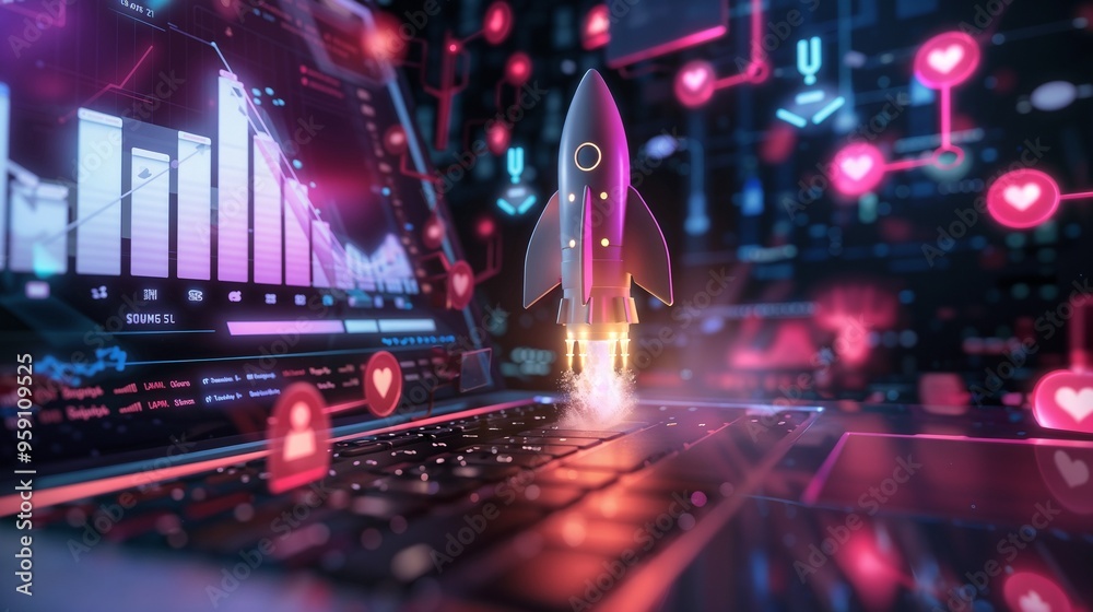Futuristic rocket taking off from a laptop screen with digital ...