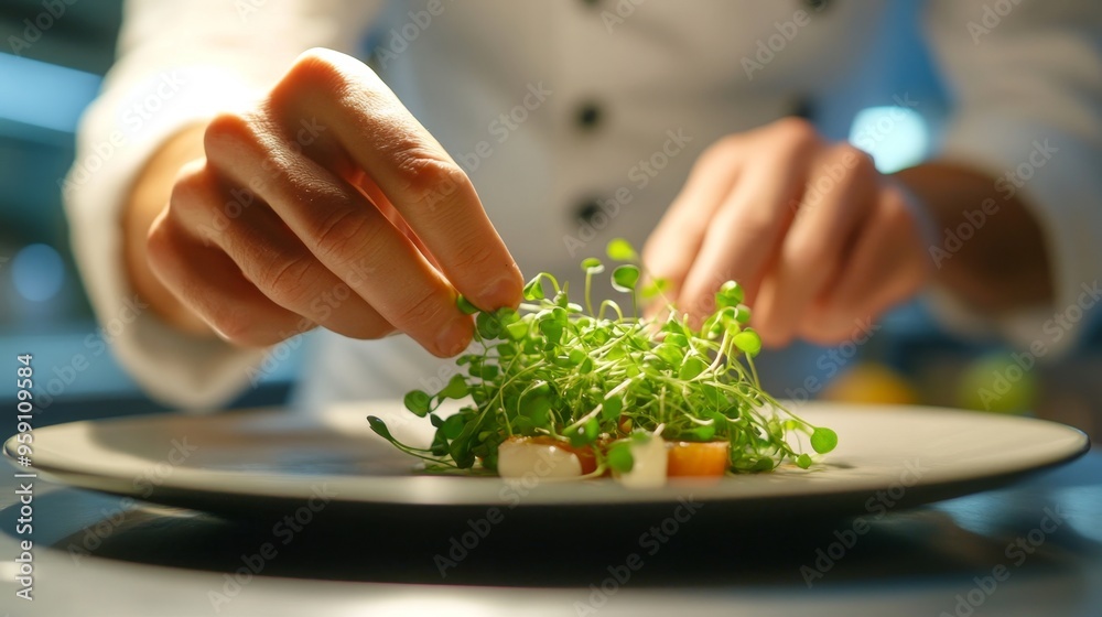 Expert chef artfully garnishes gourmet dish with microgreens in upscale restaurant kitchen Expert chef artfully garnishes gourmet dish with microgreens in upscale restaurant kitchen