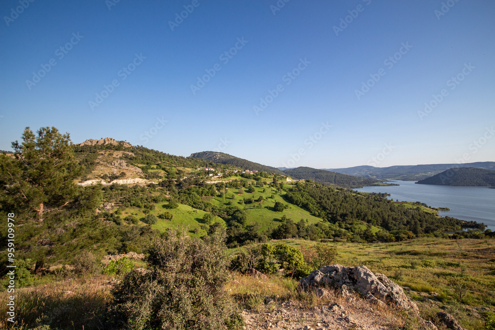View from the mountain to the lake. View from the top of the mountain to the sea and the sky. Panoramic view of the River from the mountain. View from the mountain to the lake. View from the top of the mountain to the sea and the sky. Panoramic view of the River from the mountain.