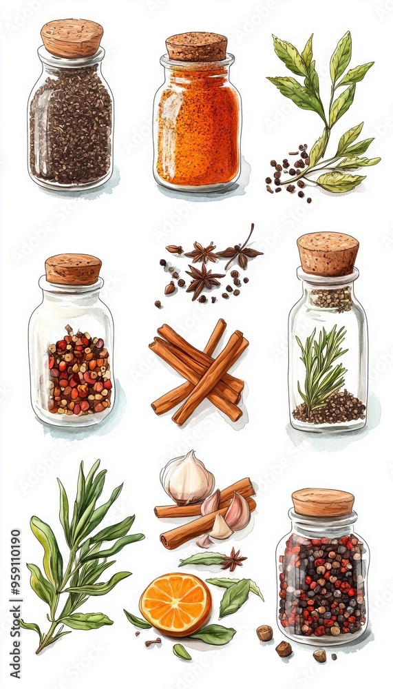 A vibrant collection of various spices and herbs in glass jars, showcasing rich colors and textures for culinary inspiration. A vibrant collection of various spices and herbs in glass jars, showcasing rich colors and textures for culinary inspiration.