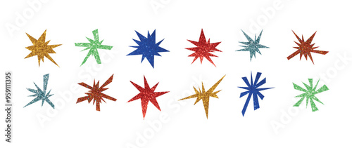 Glitter sparkle colorful textured irregular stars set vector illustration