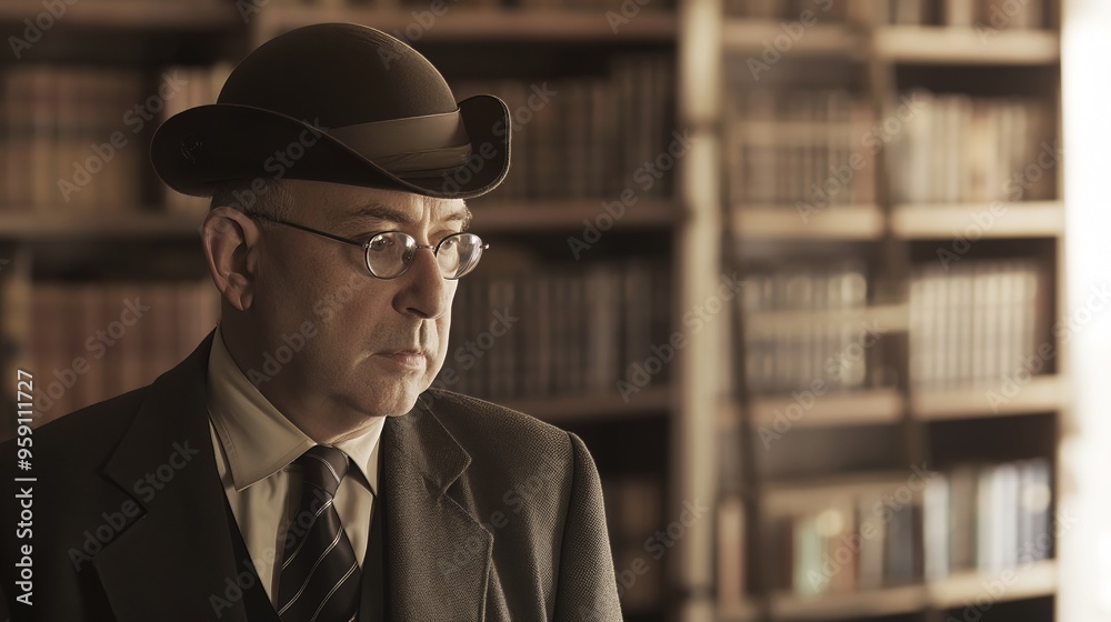 Pensive elderly man in a brown tweed suit and vintage hat stands thoughtfully in a vast library filled with books and knowledge Pensive elderly man in a brown tweed suit and vintage hat stands thoughtfully in a vast library filled with books and knowledge