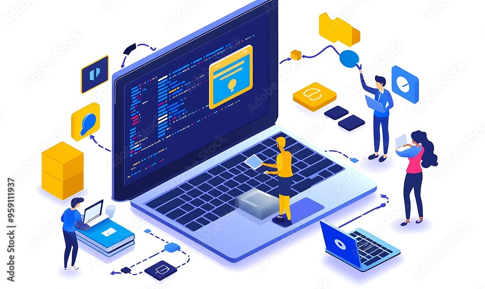 Isometric illustration of software development team working on a laptop Isometric illustration of software development team working on a laptop