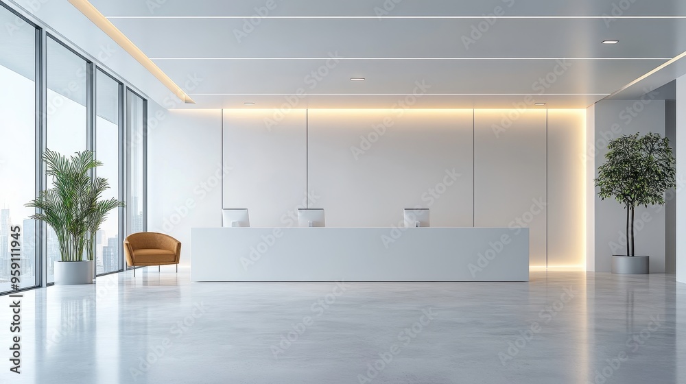 Fototapeta premium Modern office reception area with stylish furniture, large windows, greenery, and a clean, minimalist design.