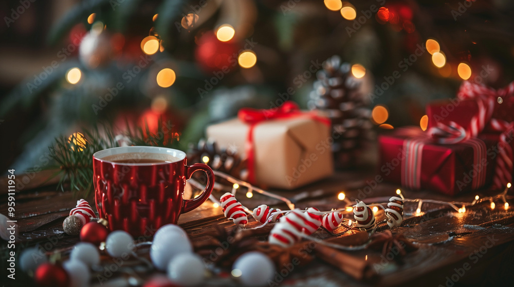 A cozy Christmas scene with a red coffee mug, festive decorations, and twinkling lights, setting a warm and inviting holiday atmosphere. A cozy Christmas scene with a red coffee mug, festive decorations, and twinkling lights, setting a warm and inviting holiday atmosphere.