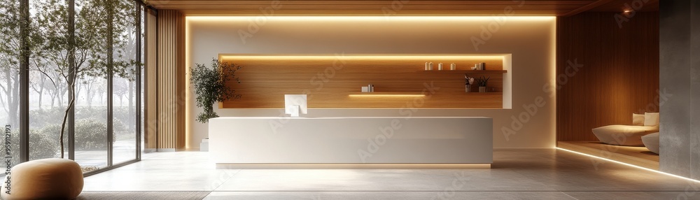 Modern reception area featuring minimalist design, warm lighting, and natural elements creating a welcoming atmosphere. Modern reception area featuring minimalist design, warm lighting, and natural elements creating a welcoming atmosphere.