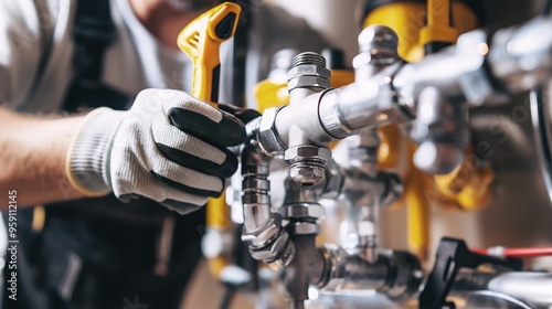 Experienced plumber in white gloves skillfully repairs a leaking water pipe with a wrench, ensuring everything is fixed properly