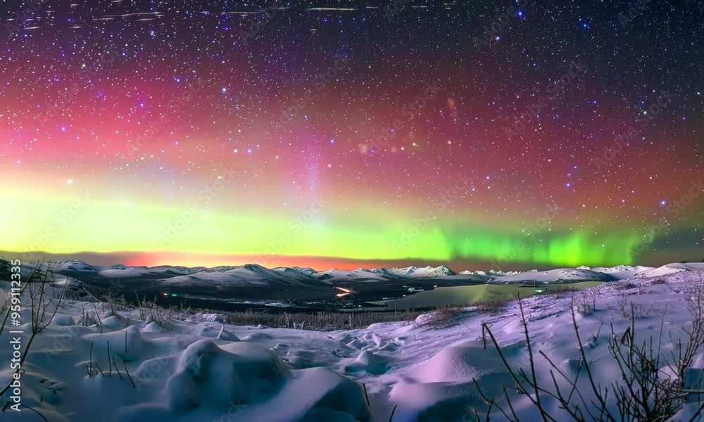 A breathtaking panorama of the Northern Lights, their vibrant colors dancing across the night sky, creating a mesmerizing spectacle of nature's wonder. Video A breathtaking panorama of the Northern Lights, their vibrant colors dancing across the night sky, creating a mesmerizing spectacle of nature's wonder. Video