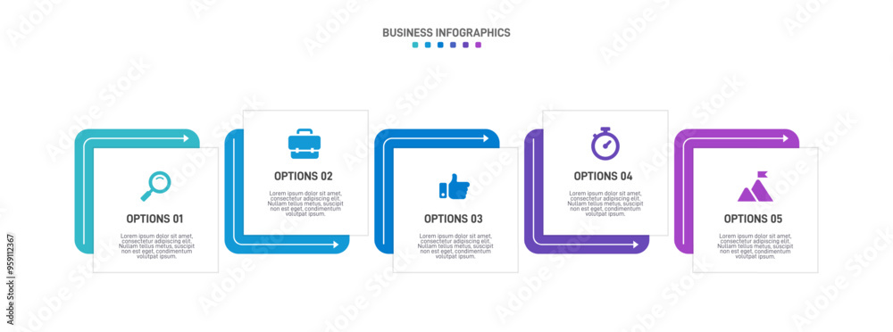 Horizontal progress bar featuring 5 arrow-shaped elements, symbolizing the five stages of business strategy and progression. Clean timeline infographic design template. Vector for presentation Horizontal progress bar featuring 5 arrow-shaped elements, symbolizing the five stages of business strategy and progression. Clean timeline infographic design template. Vector for presentation