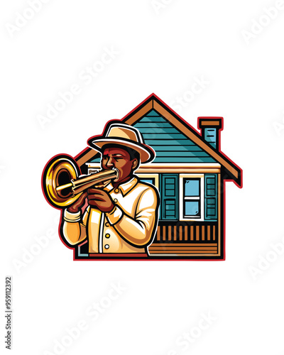 Editable stroke vector of a trumpeter playing jazz in front of a house.