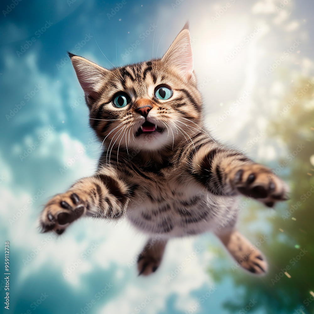 Kitten falling from the sky with a surprised expression Kitten falling from the sky with a surprised expression