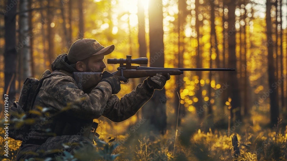 Naklejka premium Experienced hunter skillfully aiming his rifle in a serene forest setting during a picturesque sunset scene in the wilderness.