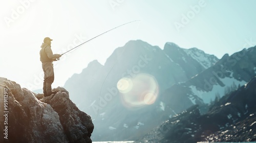 A Passionate Fly Fisherman Enjoys a Tranquil Day Casting in a Stunning Mountain Lake Surrounded by Majestic Scenery photo