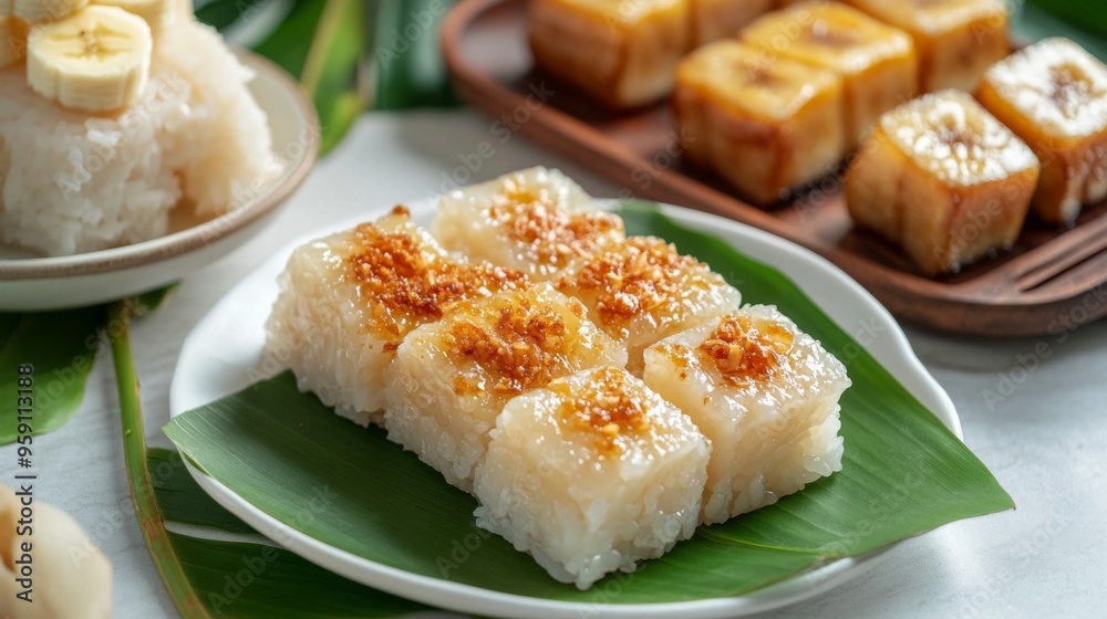 A high-resolution image of Thai desserts including khao tom mad (sticky rice with banana) and tub tim krob (water chestnut dessert) on a white surface A high-resolution image of Thai desserts including khao tom mad (sticky rice with banana) and tub tim krob (water chestnut dessert) on a white surface