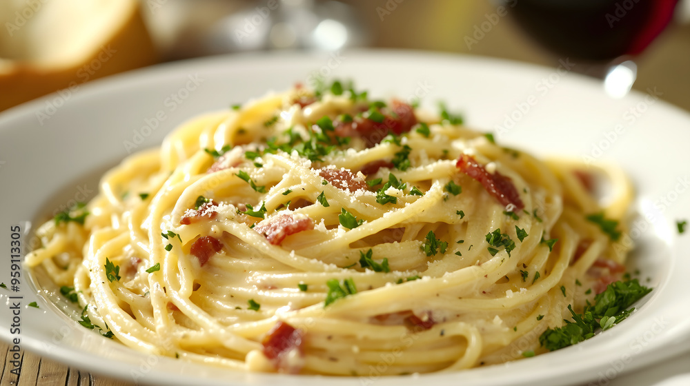 Creamy carbonara pasta with spaghetti, pancetta, and fresh herbs on white plate, close-up of Italian cuisine, copy space Creamy carbonara pasta with spaghetti, pancetta, and fresh herbs on white plate, close-up of Italian cuisine, copy space