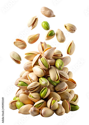 Wallpaper Mural Falling pistachio nuts in shells, isolated on a transparent background. Ideal for healthy eating, snack visuals, and food-related designs. Torontodigital.ca