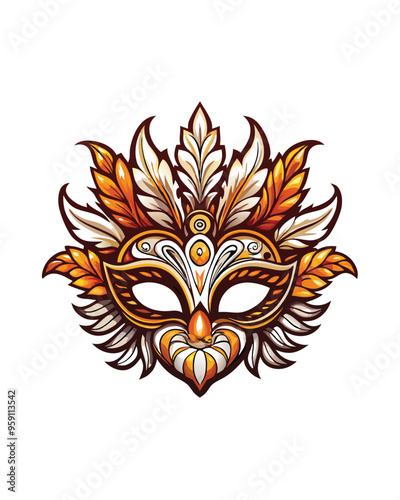 Editable stroke vector of a venetian mask with intricate details and a feathered design.