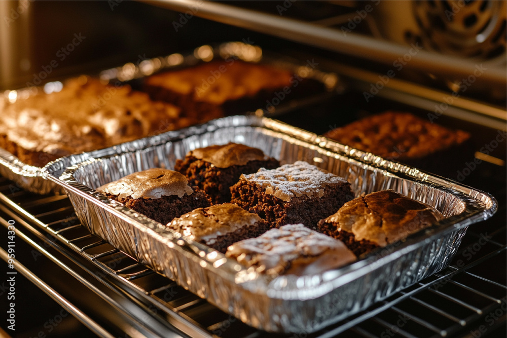 A scene of disposable aluminum food container trays filled with cake and brownies, placed inside an oven. The trays are oven-safe, designed to withstand high temperatures while baking, making them. A scene of disposable aluminum food container trays filled with cake and brownies, placed inside an oven. The trays are oven-safe, designed to withstand high temperatures while baking, making them.