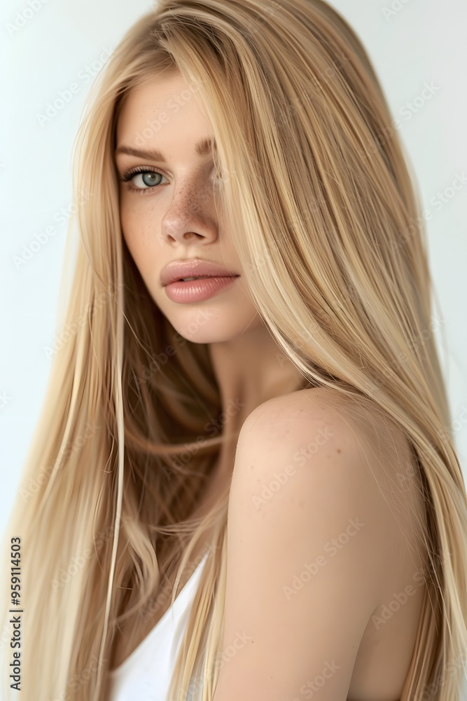 Naklejka premium Beautiful blonde haired with stylish long hairstyle. Woman on white background