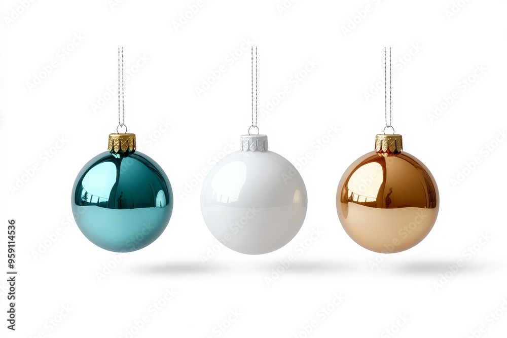 Three Christmas ornaments, one teal, one white, and one gold, hang from a white background, symbolizing the festive spirit, celebration, tradition, and joy of the holiday season. Three Christmas ornaments, one teal, one white, and one gold, hang from a white background, symbolizing the festive spirit, celebration, tradition, and joy of the holiday season.
