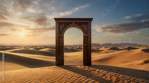 sunset over the beach. Opened door on desert with nature
